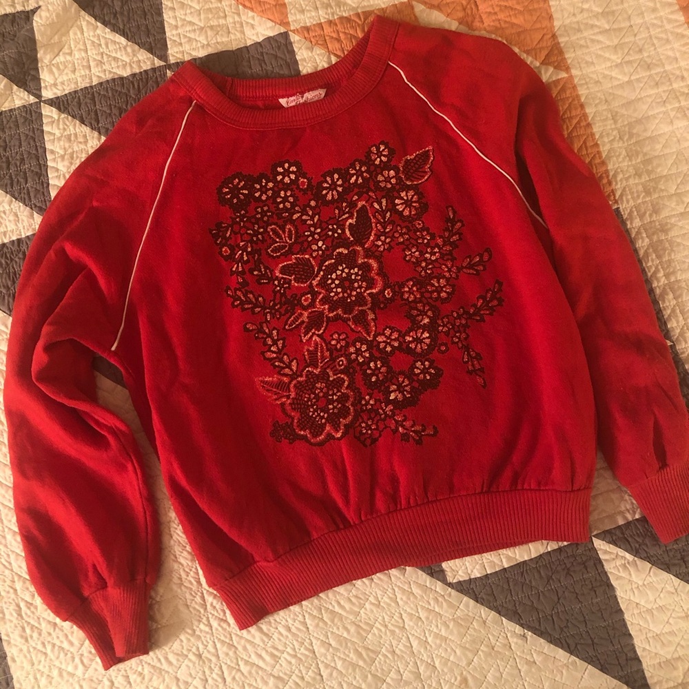 Vintage Red Retro Crewneck with Floral Screenprint